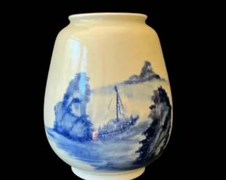 Hand Painted Blue  White Asian Landscape Pottery Vase Vessel