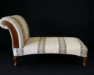 Traditional Upholstered Chaise Lounge with Rolled Backrest, Wood Cabriole Legs