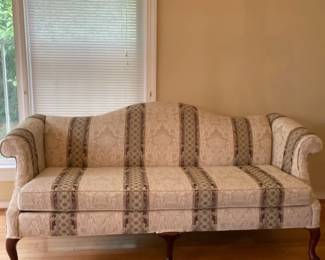 Traditional Camelback Sofa with an Offwhite Damask Fabric