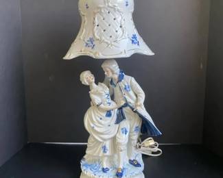 Vintage Blue White Porcelain Lamp and Shade  Colonial Couple