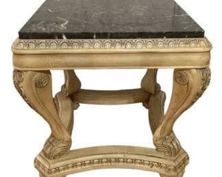 Vintage Marble Top Carved Wood End Side Table