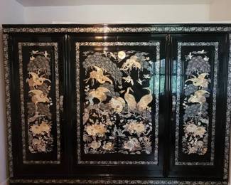  01 Korean Mother of Pearl Lacquer Wardrobe Cabinet, Wall Unit  Abalone Inlay