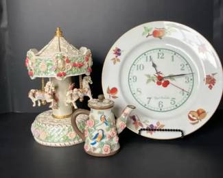 Musical Horse Carousel, Musical Floral Teapot Figure And Royal Worcester Fruit Clock