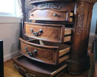 Solid Wood Chest of Drawers  Carved Details, Stone Inlay Top