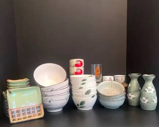 Asian Themed Ceramic Plates, Bowls,  Cups Lot