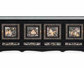 Vintage Korean Black Lacquer MotherofPearl Low Credenza Media Stand  Abalone Inlay