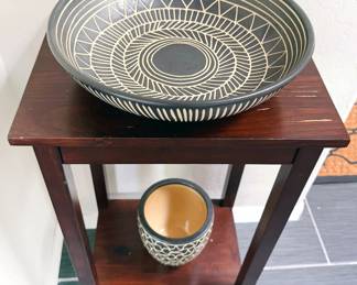Side table, Mexican style pots and bowls