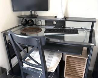 Glass + metal desk with keyboard tray