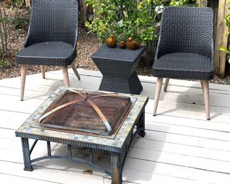 Resin wicker patio chairs + side table, fire pit