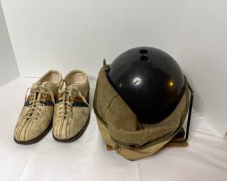 Bowling shoes with unmarked size, Ebonite vintage black bowling ball personalized iwth initials J.C., weight unmarked. Second bowling ball from brand Manhattan Fantasia, personlized "Nick", weight unmarked. 