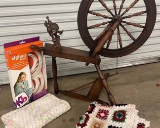 Vintage Wooden Spinning Wheel with Afghan Loom  Handmade Crochet Blankets