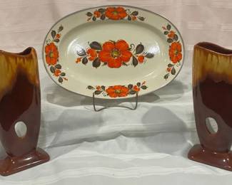 Vintage Floral Serving Platter with Pair of MidCentury Ceramic Vases