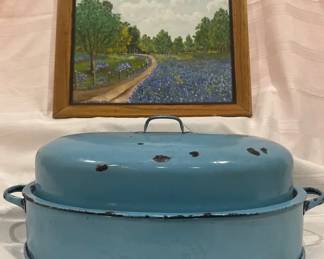 Vintage Blue Enamel Roaster with Lid  Framed Bluebonnet Landscape Painting