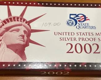2002 United States Mint Silver Proof Set  10 Coins with 5 State Quarters, Original Box  COA
