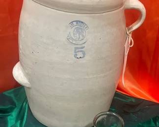 Antique 5Gallon Stoneware Crock with Dasher  Vintage Glass Bottle