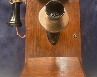 Vintage Wooden Wall Telephone with Brass Bells  Handset