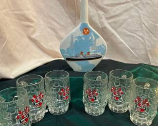 Vintage Harold Club Ceramic Decanter  Set of 6 Becks Beer Mugs
