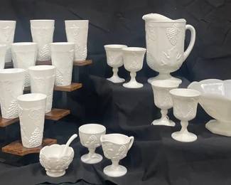 Vintage White Milk Glass Grape Pattern Drinkware  Serving Collection