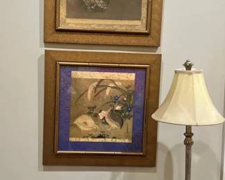 AsianInspired Decor Collection With Framed Quail And Floral Art, Ornate Table Lamp And Antique Burl
