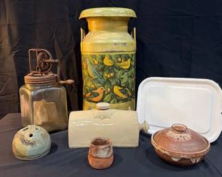 Vintage Kitchen And Studio Pottery CollectionButter Churn, Milk Can, Stoneware And Enamelware