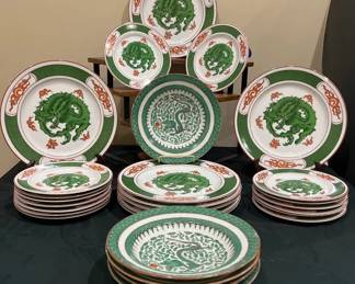 Vintage Fitz And Floyd And Chinese Green Dragon Porcelain Dinnerware Collection
