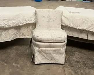 Two Sets Of Custom Linens For Twin Beds And A Matching Dressing Chair