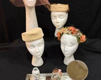 Vintage Ladies Hat  Vanity Lot  Revlon Grooming Set, Coach Perfume, Hand Mirror  Accessories