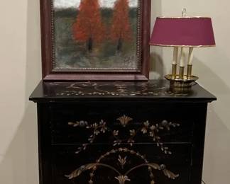 Vintage Chinoiserie 3 Drawer Chest, Original Painting And Small Lamp