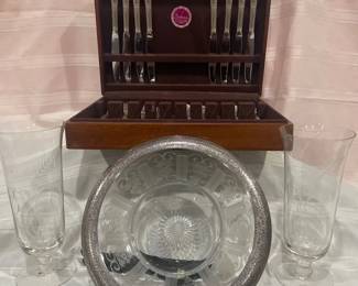 40Piece Silverware Set in Wooden Storage Chest with Etched Glass Serving Pieces