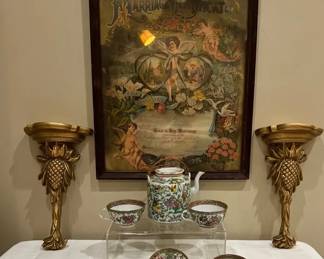 Antique Marriage Certificate With A Pair Of Gilt Pineapple Wall Brackets And A Chinese Rose Medallio