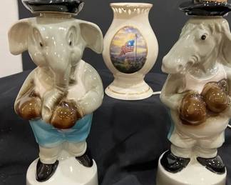 Vintage 1960 Jim Beam Political Decanters with Thomas Kinkade Accent Lamp