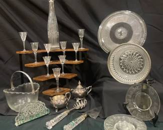 Vintage Crystal  Glass Entertaining Collection with Decanter, Cordials, Serving Pieces  SilverTon