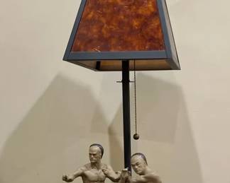 Pair of Bruce Lee Asian Martial Arts Figurines with MissionStyle Table Lamp