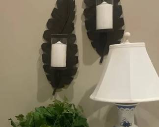 Blue  White Porcelain Table Lamp with Pair of Black Leaf Wall Candle Sconces