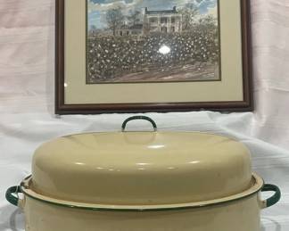 Vintage Cream  Green Enamel Roaster with Framed Cotton Field Plantation Scene