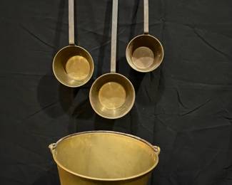 AntiqueVintage Brass Hearth Lot  Patented Bucket  3 LongHandled Dippers