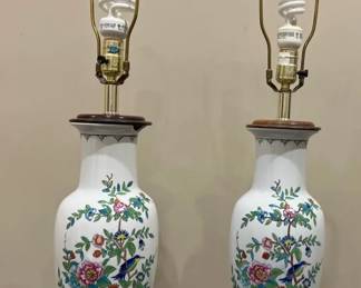 Pair Of Asian Porcelain Floral And Bird Vase Table Lamps