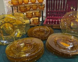 Vintage Amber Glass Dinnerware, Cups  Flatware Set