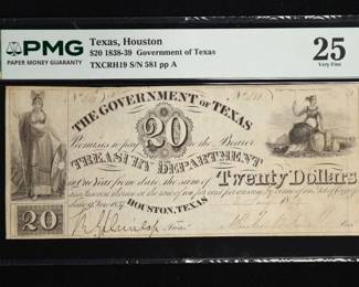 Republic of Texas era $20 note GRADED