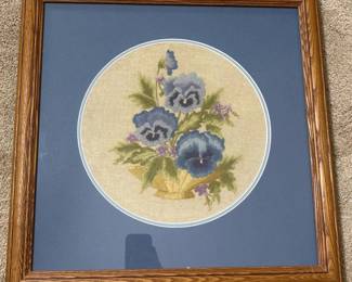 093 framedfloralembroideryofpansies18x