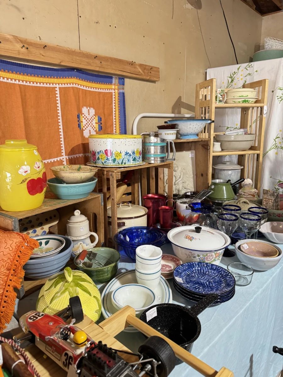 Vintage cookie jar, pottery, cake plate, glassware, fondue pot, crocks, flour sifter, collander, bowls, pillows,