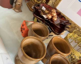 Frankoma goblets, vintage thermos, planters, leaf plates, bird cage