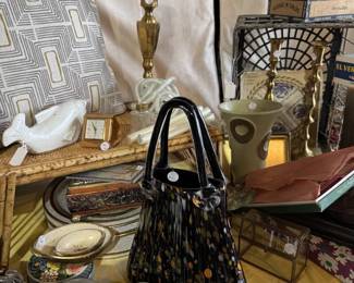 Vintage glass purse, MCM fish, brass candle sticks, dishes, MCM vase, brass jewelry box,