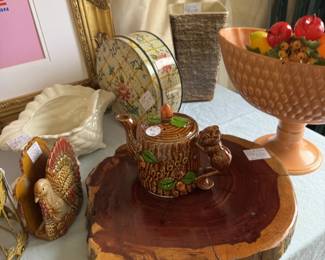 Vintage footed dish, turkey napkin holder, squirrel pitcher, vase, tin, wooden platter