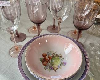 Vintage purple goblets, painted bowls, 
