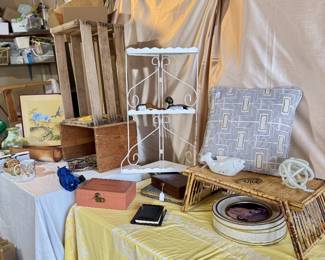 Vintage jewelry boxes, pillows, tins, duck decoy, shoe last, 