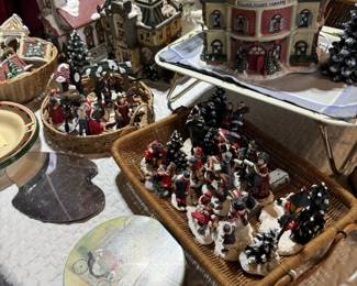 Vintage Christmas village figures, buildings and other items