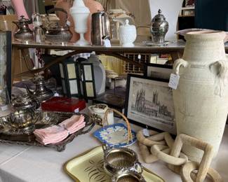 Vintage Vase, silver plate tea pots and sets, sandstone chain , MCM platter, bottle holder, prints, etc