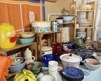 Vintage cookie jar, pottery, cake plate, glassware, fondue pot, crocks, flour sifter, collander, bowls, pillows,