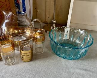 Vintage Glass pitcher and glasses, blue glass bowl